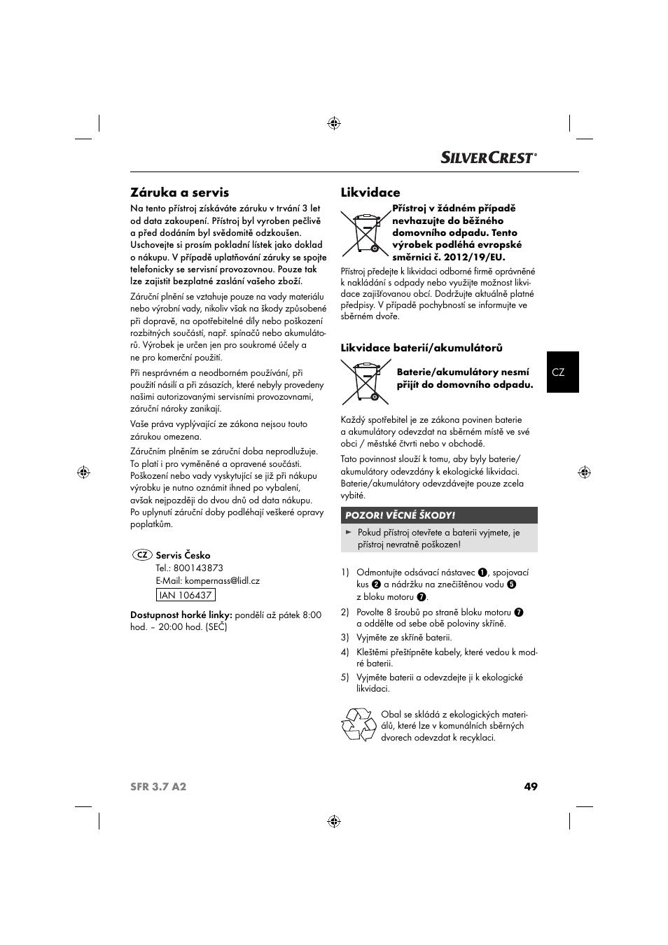 Záruka a servis, Likvidace | Silvercrest SFR 3.7 A2 User Manual | Page 52 / 74