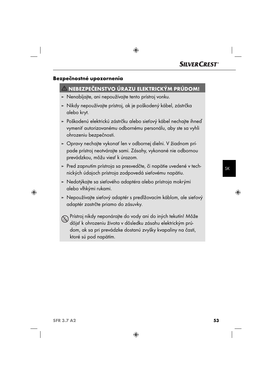 Nenabíjajte, ani nepoužívajte tento prístroj vonku | Silvercrest SFR 3.7 A2 User Manual | Page 56 / 74