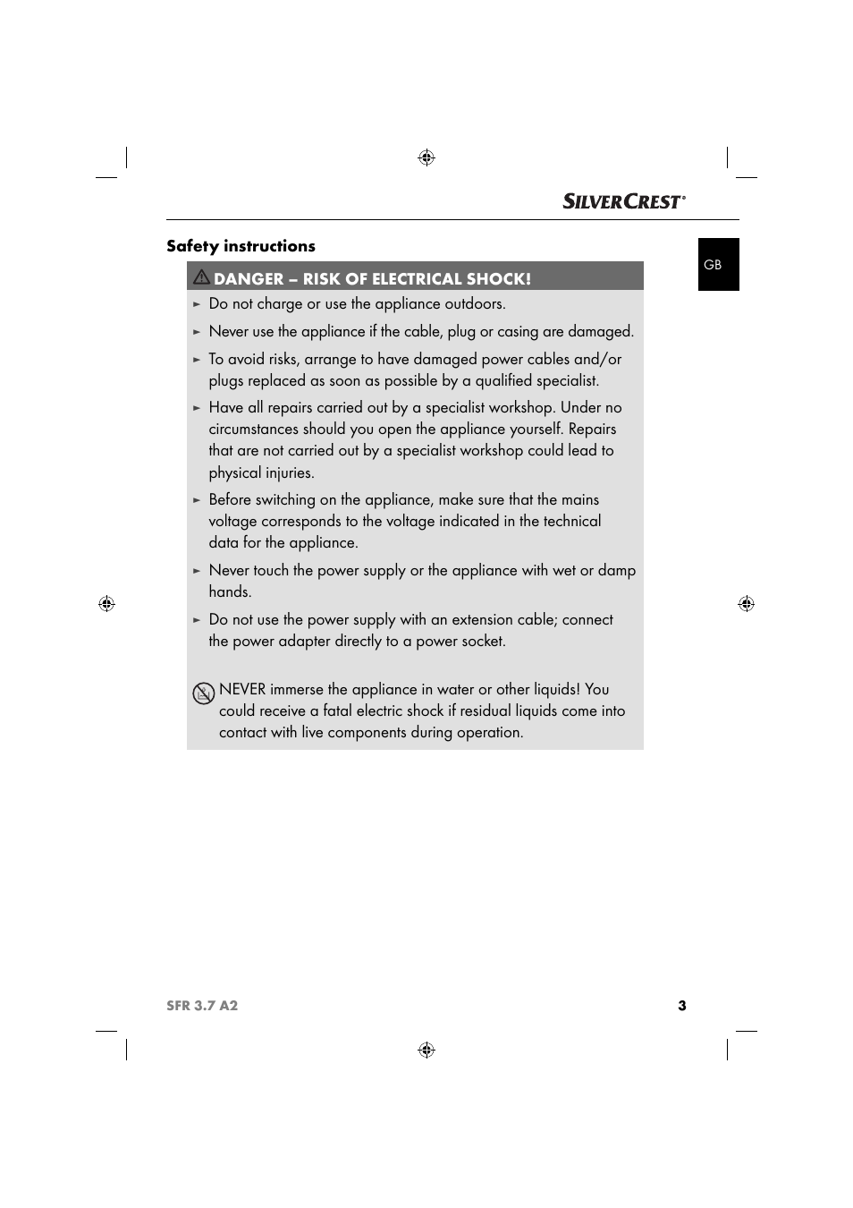 Safety instructions, Danger – risk of electrical shock, Do not charge or use the appliance outdoors | Silvercrest SFR 3.7 A2 User Manual | Page 6 / 74