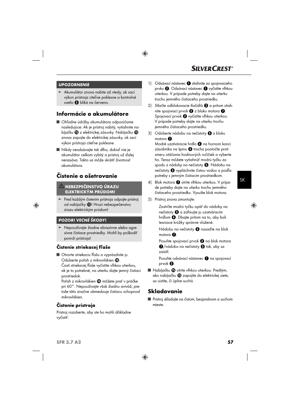 Informácie o akumulátore, Čistenie a ošetrovanie, Skladovanie | Silvercrest SFR 3.7 A2 User Manual | Page 60 / 74