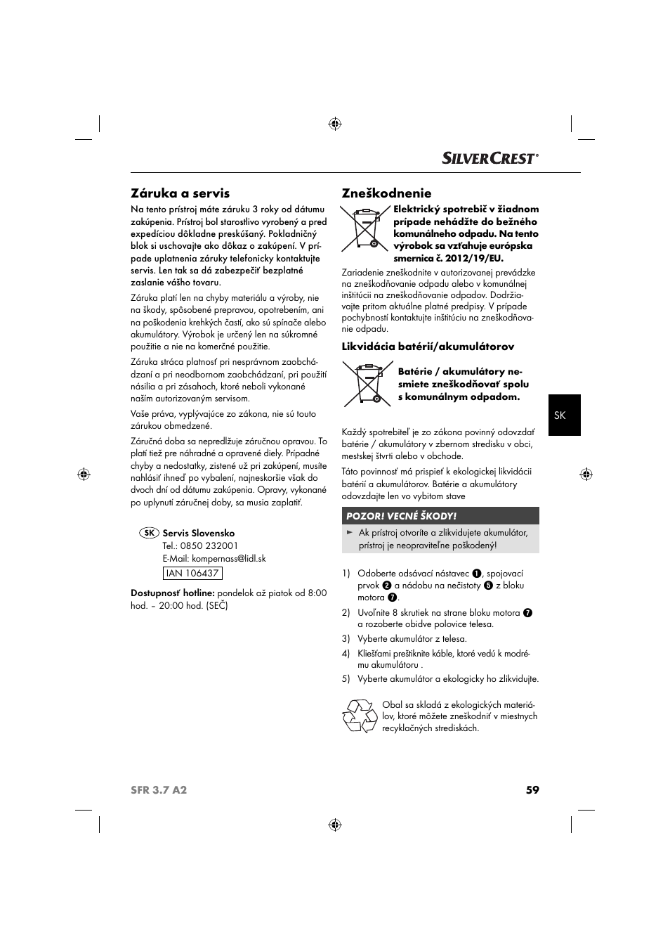 Záruka a servis, Zneškodnenie | Silvercrest SFR 3.7 A2 User Manual | Page 62 / 74