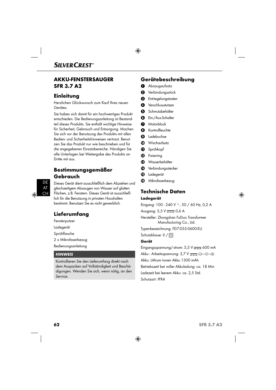 Akku-fenstersauger sfr 3.7 a2 einleitung, Bestimmungsgemäßer gebrauch, Lieferumfang | Gerätebeschreibung, Technische daten | Silvercrest SFR 3.7 A2 User Manual | Page 65 / 74