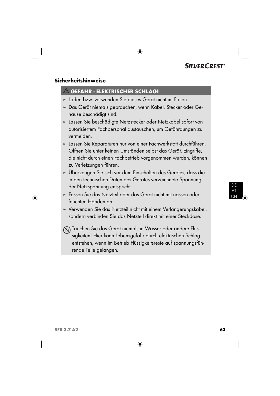 Sicherheitshinweise gefahr - elektrischer schlag | Silvercrest SFR 3.7 A2 User Manual | Page 66 / 74