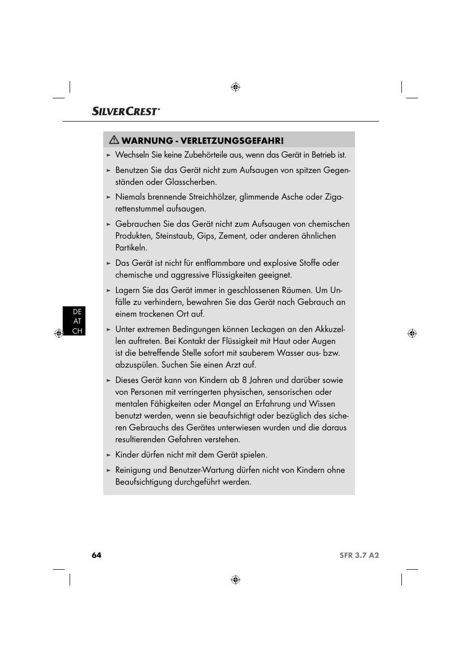 Warnung - verletzungsgefahr, Kinder dürfen nicht mit dem gerät spielen | Silvercrest SFR 3.7 A2 User Manual | Page 67 / 74
