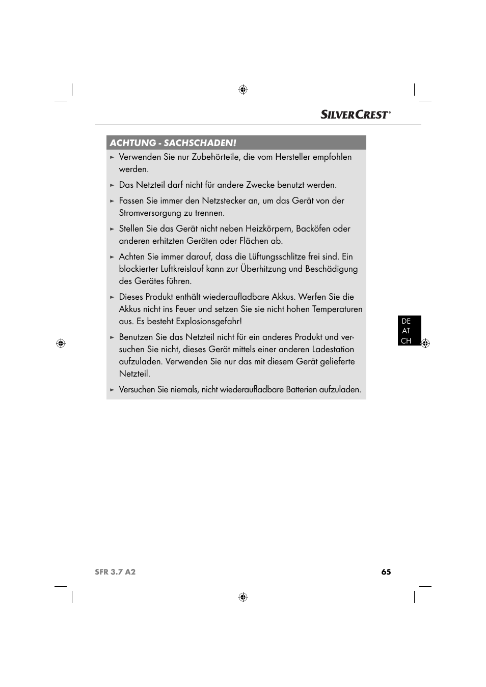Achtung - sachschaden | Silvercrest SFR 3.7 A2 User Manual | Page 68 / 74