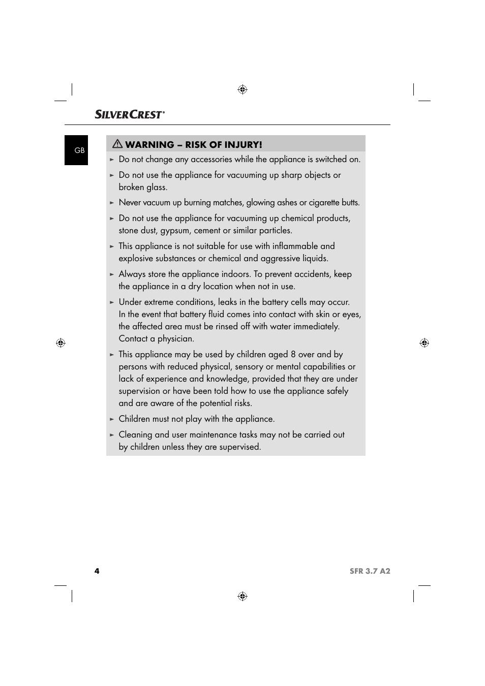 Warning – risk of injury, Children must not play with the appliance | Silvercrest SFR 3.7 A2 User Manual | Page 7 / 74