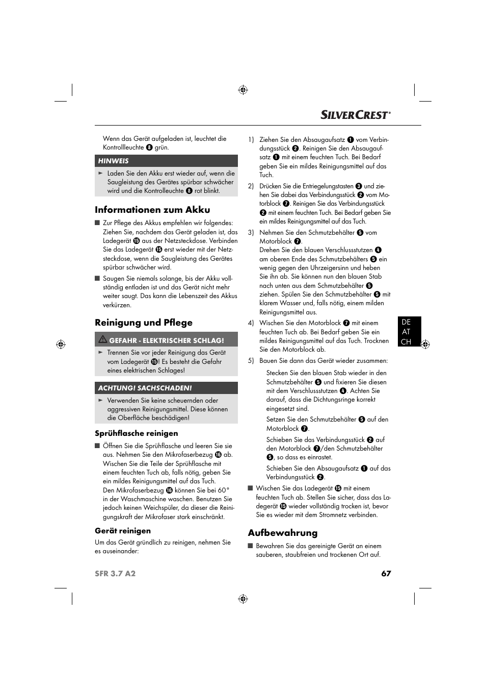 Informationen zum akku, Reinigung und pﬂ ege, Aufbewahrung | Silvercrest SFR 3.7 A2 User Manual | Page 70 / 74