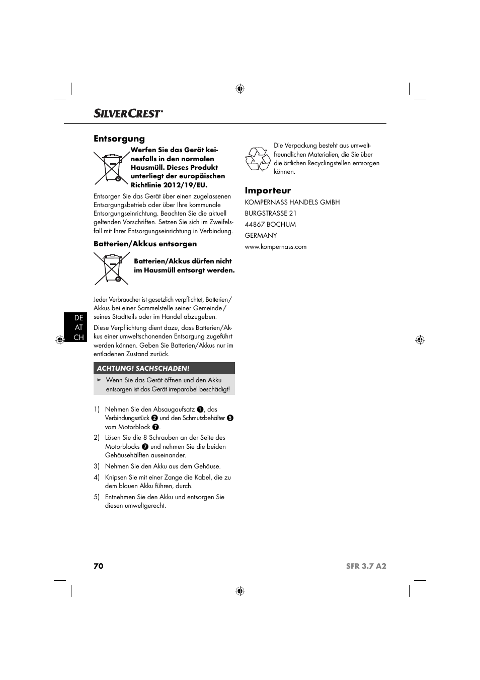 Entsorgung, Importeur | Silvercrest SFR 3.7 A2 User Manual | Page 73 / 74