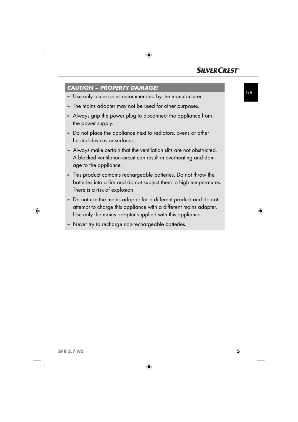 Caution – property damage, Never try to recharge non-rechargeable batteries | Silvercrest SFR 3.7 A2 User Manual | Page 8 / 74
