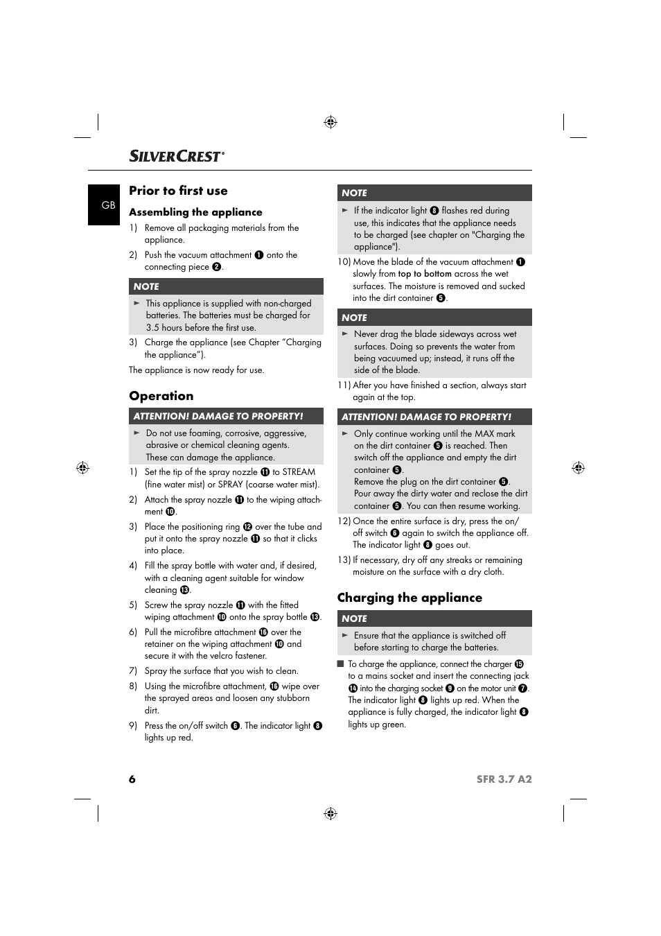 Prior to ﬁ rst use, Operation, Charging the appliance | Silvercrest SFR 3.7 A2 User Manual | Page 9 / 74