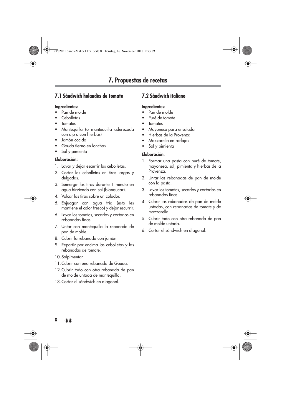 Propuestas de recetas, 1 sándwich holandés de tomate, 2 sándwich italiano | Silvercrest SSWM 750 A1 User Manual | Page 10 / 46