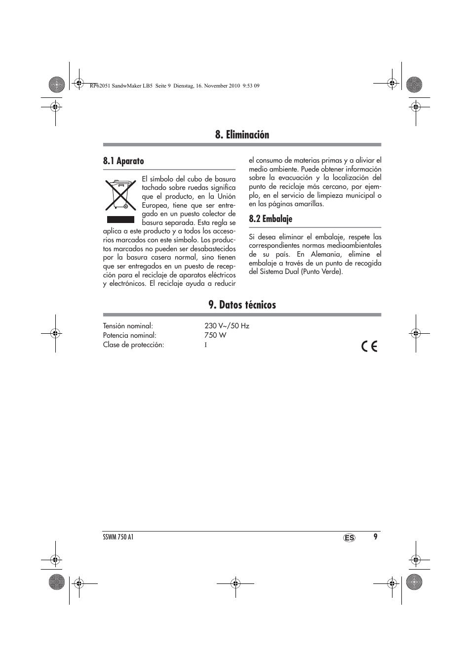 Eliminación, Datos técnicos | Silvercrest SSWM 750 A1 User Manual | Page 11 / 46