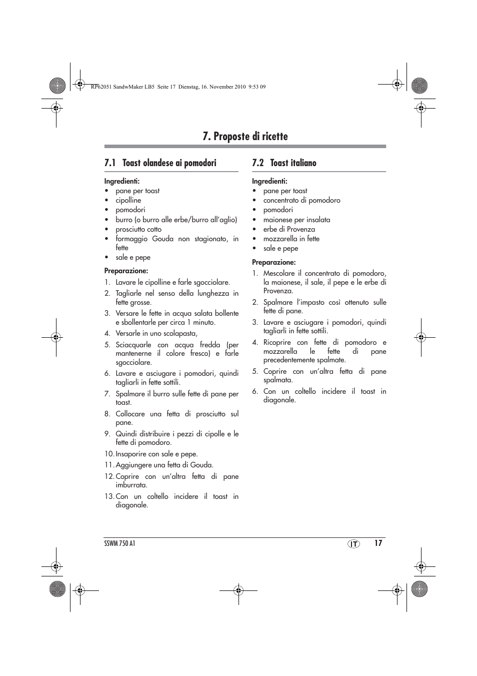 Proposte di ricette, 1 toast olandese ai pomodori, 2 toast italiano | Silvercrest SSWM 750 A1 User Manual | Page 19 / 46