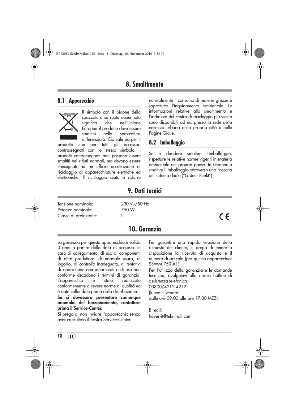 Smaltimento, Dati tecnici, Garanzia | 1 apparecchio, 2 imballaggio | Silvercrest SSWM 750 A1 User Manual | Page 20 / 46