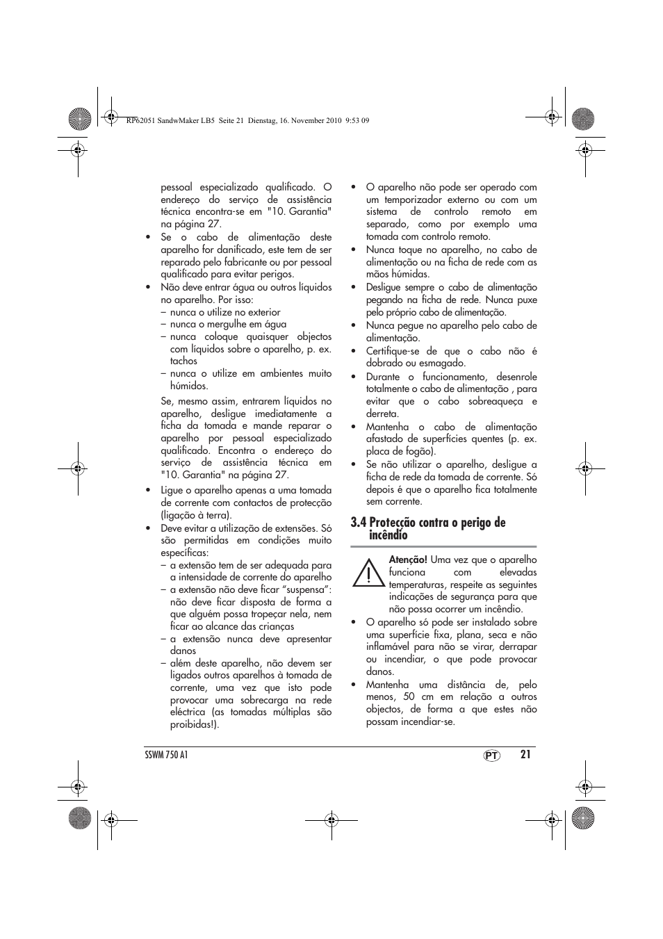 4 protecção contra o perigo de incêndio | Silvercrest SSWM 750 A1 User Manual | Page 23 / 46