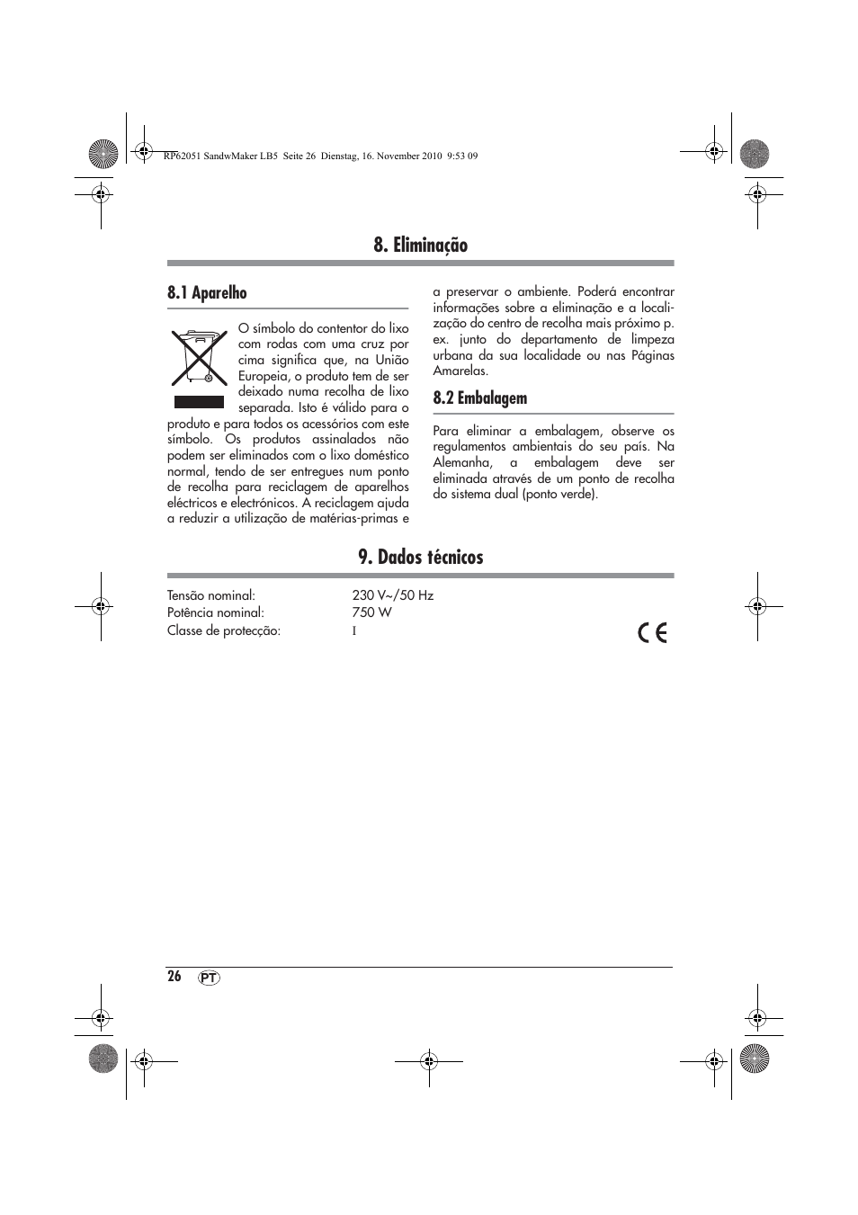 Eliminação, Dados técnicos | Silvercrest SSWM 750 A1 User Manual | Page 28 / 46