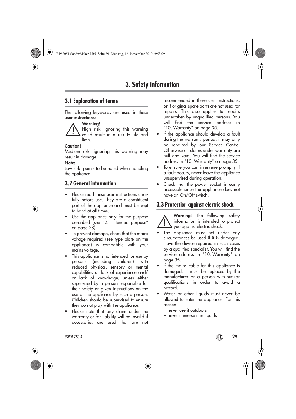Safety information, 1 explanation of terms, 2 general information | 3 protection against electric shock | Silvercrest SSWM 750 A1 User Manual | Page 31 / 46