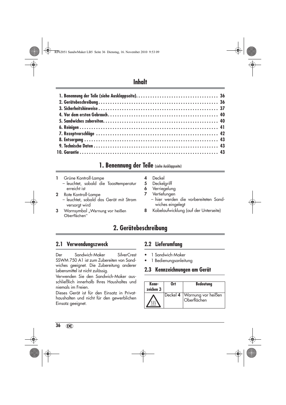 Inhalt, Benennung der teile, Gerätebeschreibung | 1 verwendungszweck, 2 lieferumfang, 3 kennzeichnungen am gerät | Silvercrest SSWM 750 A1 User Manual | Page 38 / 46