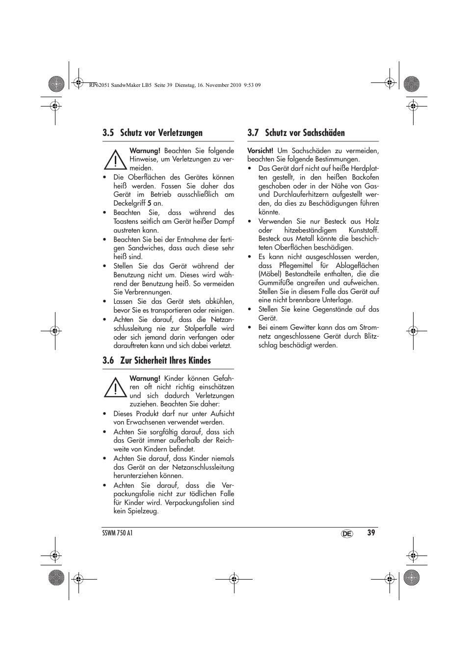 5 schutz vor verletzungen, 6 zur sicherheit ihres kindes, 7 schutz vor sachschäden | Silvercrest SSWM 750 A1 User Manual | Page 41 / 46