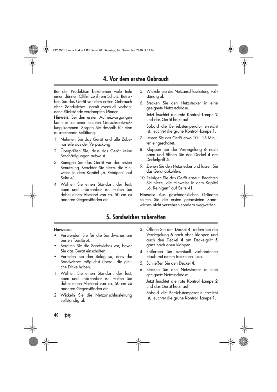 Vor dem ersten gebrauch, Sandwiches zubereiten | Silvercrest SSWM 750 A1 User Manual | Page 42 / 46