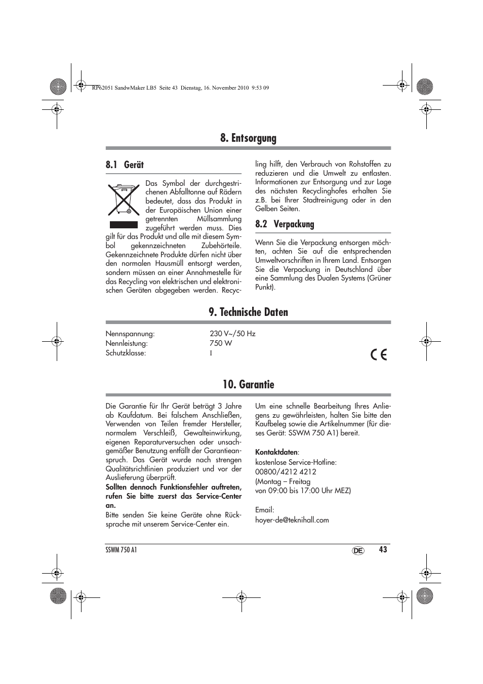 Entsorgung, Technische daten, Garantie | 1 gerät, 2 verpackung | Silvercrest SSWM 750 A1 User Manual | Page 45 / 46