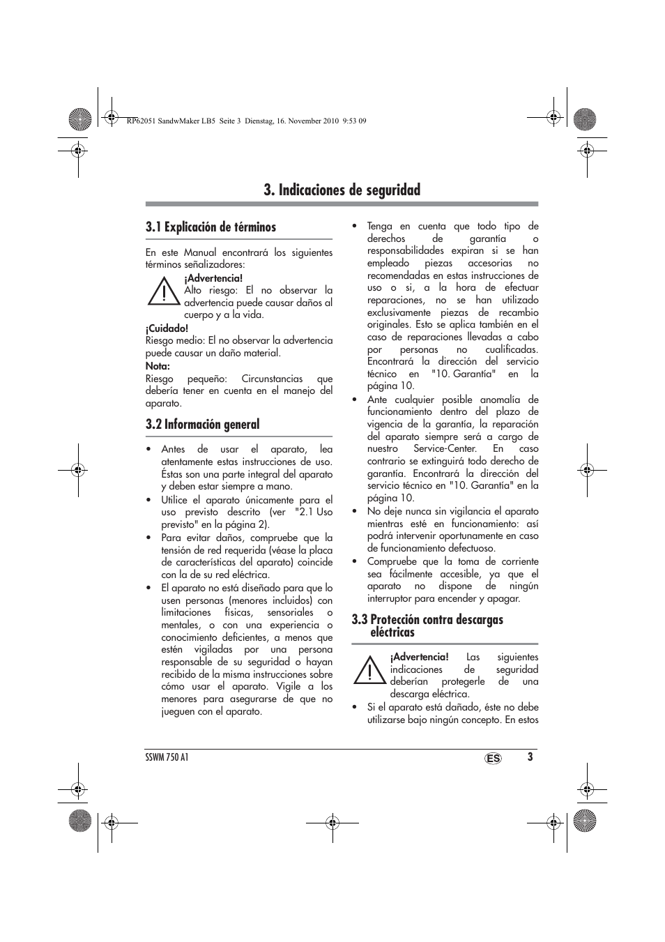 Indicaciones de seguridad, 1 explicación de términos, 2 información general | 3 protección contra descargas eléctricas | Silvercrest SSWM 750 A1 User Manual | Page 5 / 46