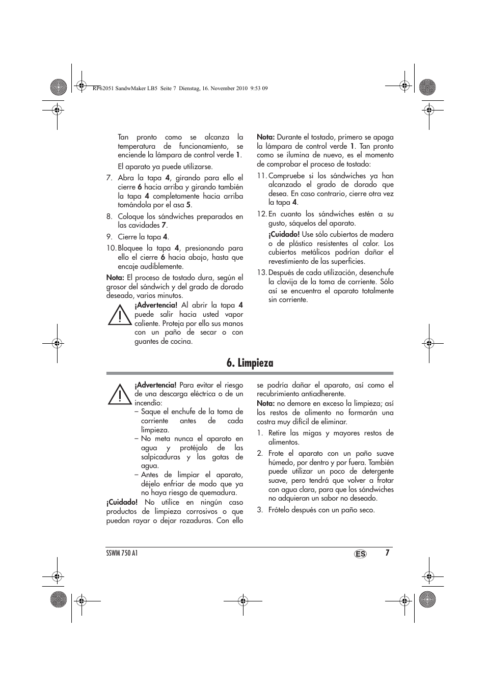 Limpieza | Silvercrest SSWM 750 A1 User Manual | Page 9 / 46