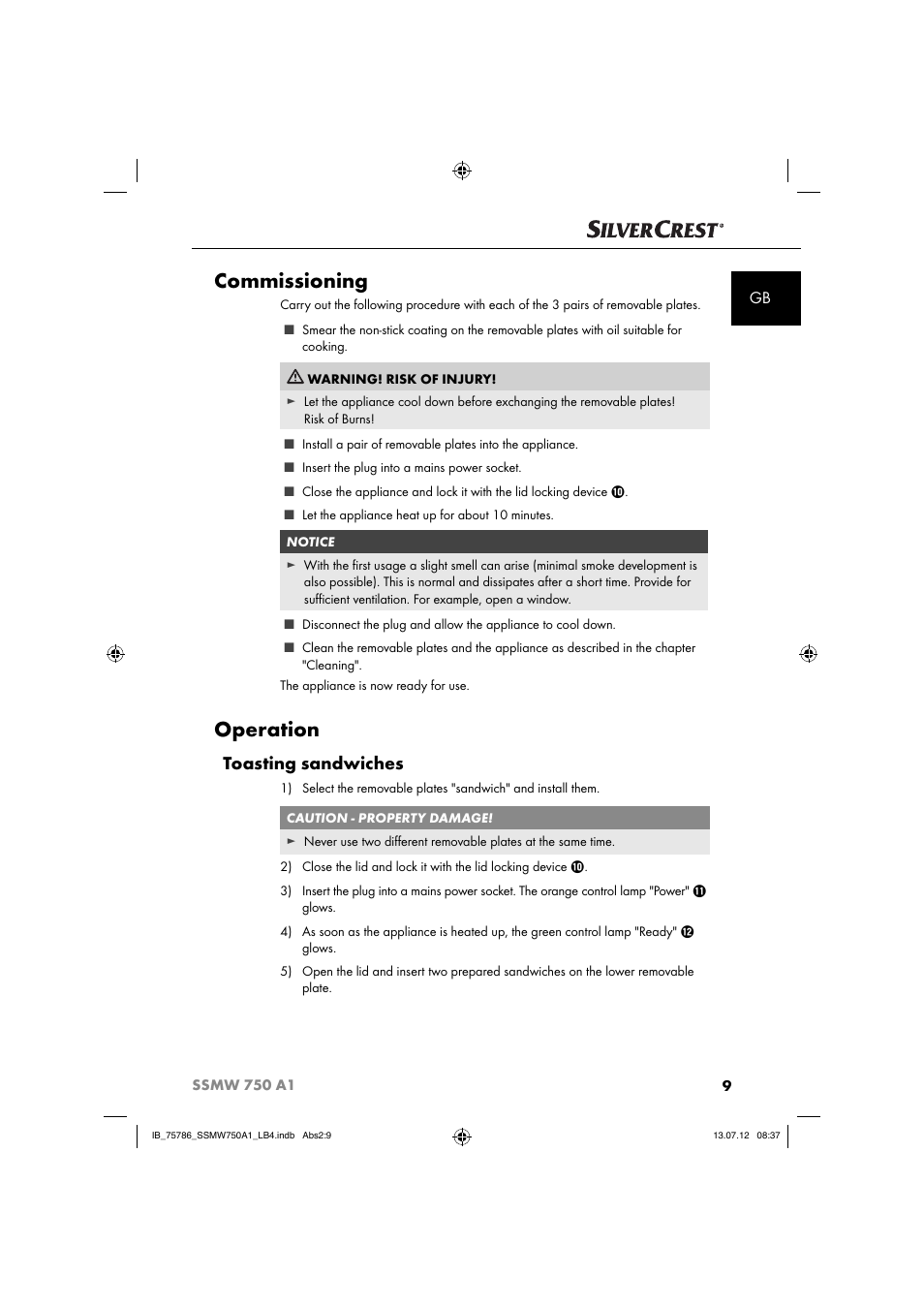 Commissioning, Operation, Toasting sandwiches | Silvercrest SSMW 750 A1 User Manual | Page 11 / 56