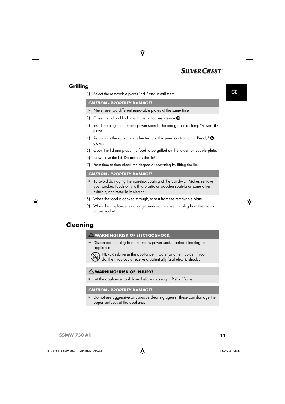 Cleaning, Grilling | Silvercrest SSMW 750 A1 User Manual | Page 13 / 56