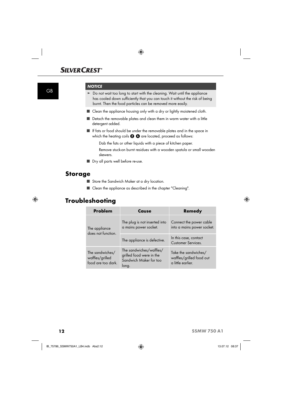 Storage, Troubleshooting | Silvercrest SSMW 750 A1 User Manual | Page 14 / 56