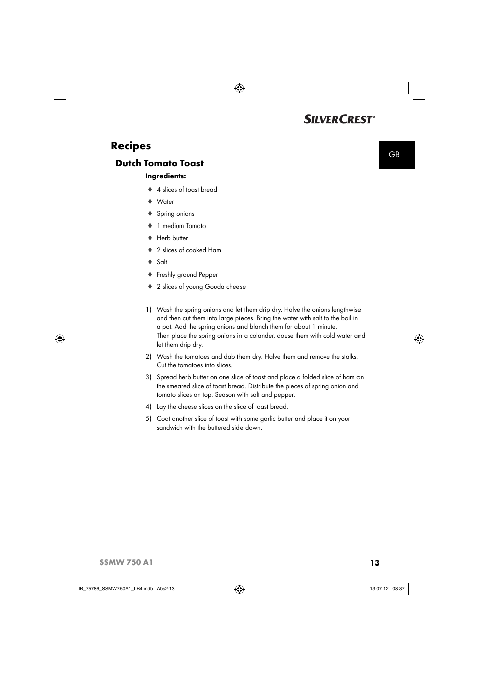 Recipes, Dutch tomato toast | Silvercrest SSMW 750 A1 User Manual | Page 15 / 56