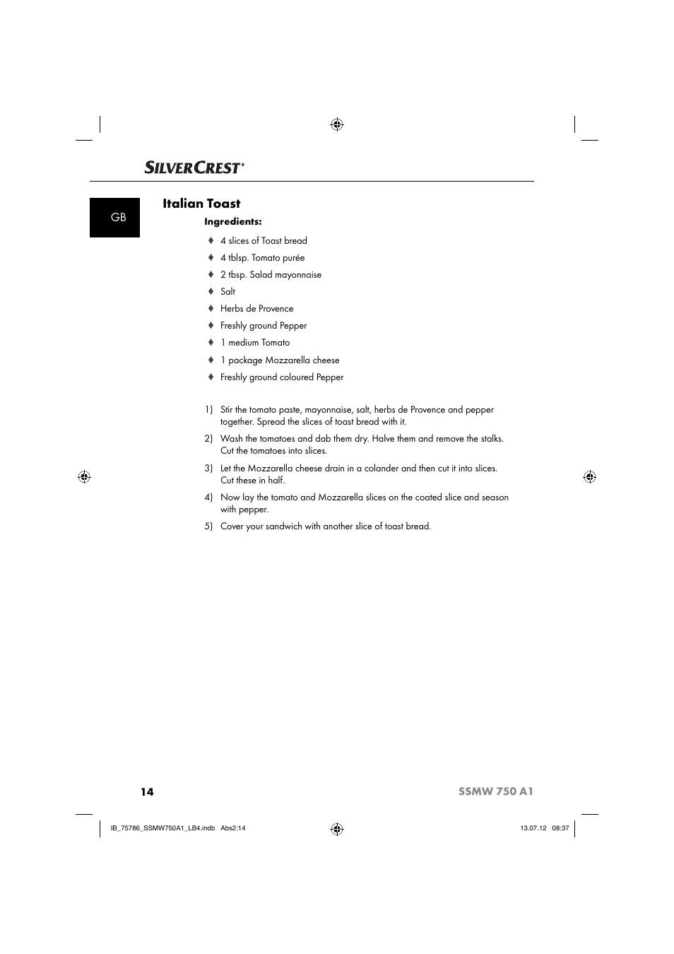 Italian toast | Silvercrest SSMW 750 A1 User Manual | Page 16 / 56