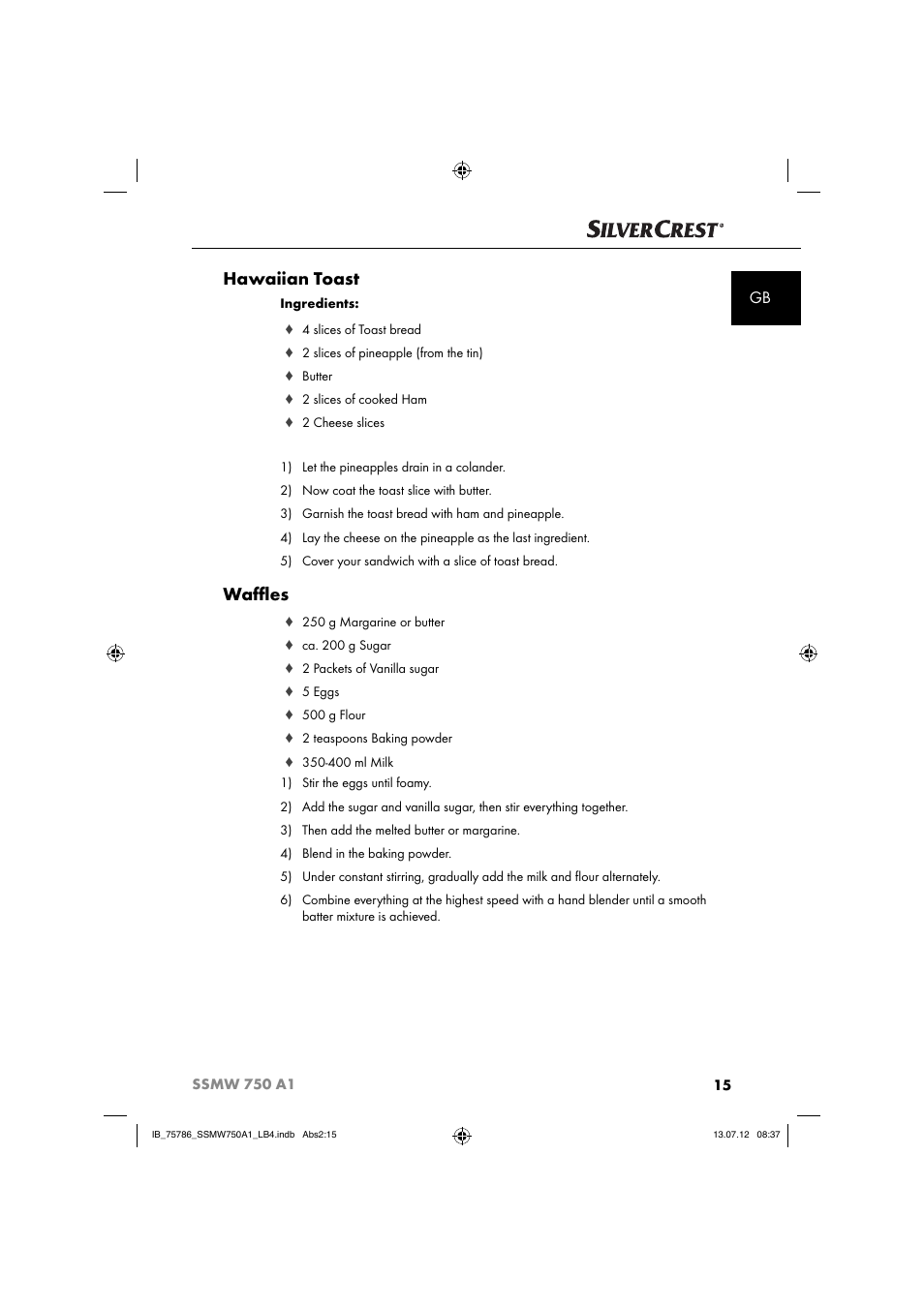 Hawaiian toast, Waﬄ es | Silvercrest SSMW 750 A1 User Manual | Page 17 / 56