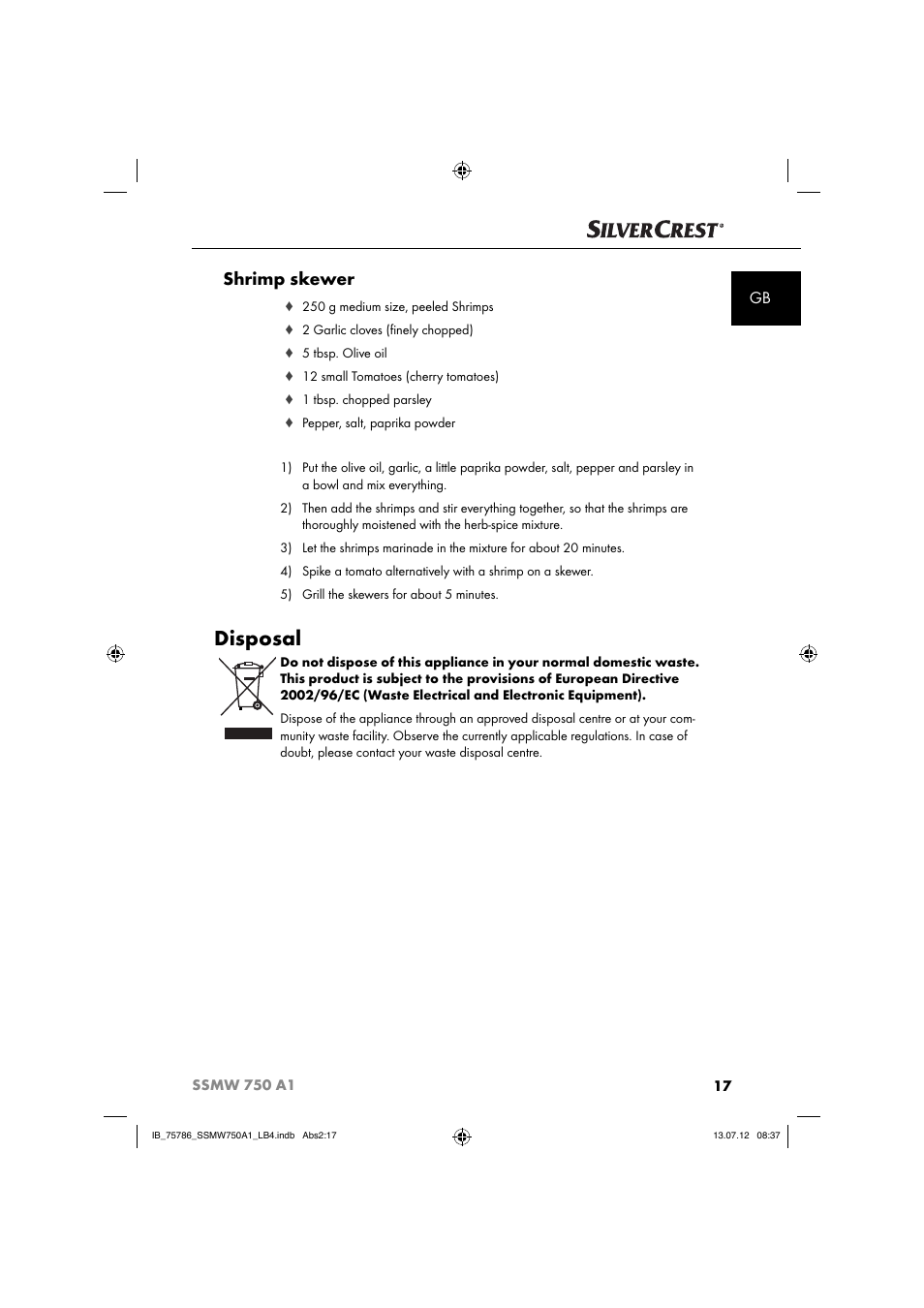 Disposal, Shrimp skewer | Silvercrest SSMW 750 A1 User Manual | Page 19 / 56