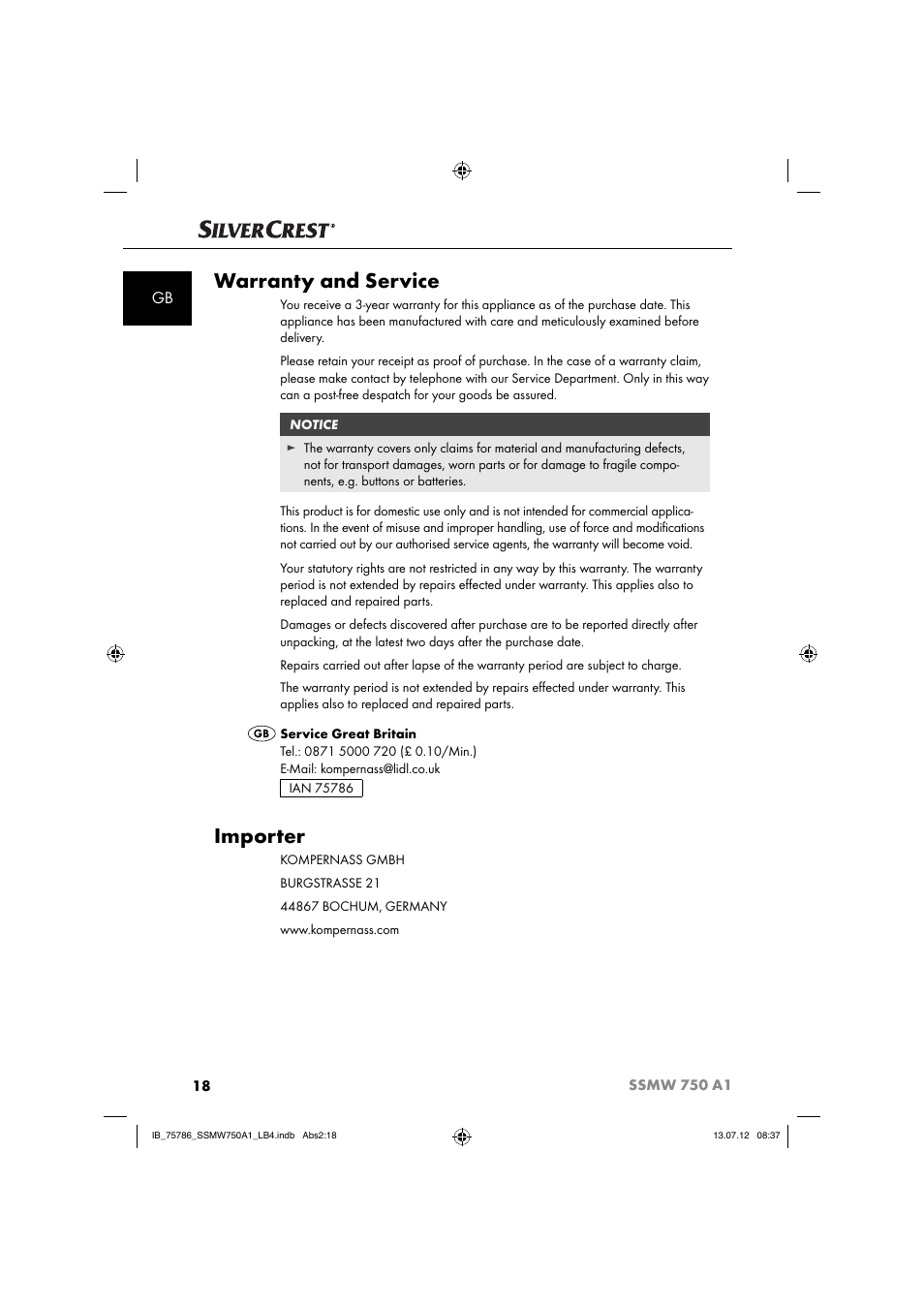 Warranty and service, Importer | Silvercrest SSMW 750 A1 User Manual | Page 20 / 56