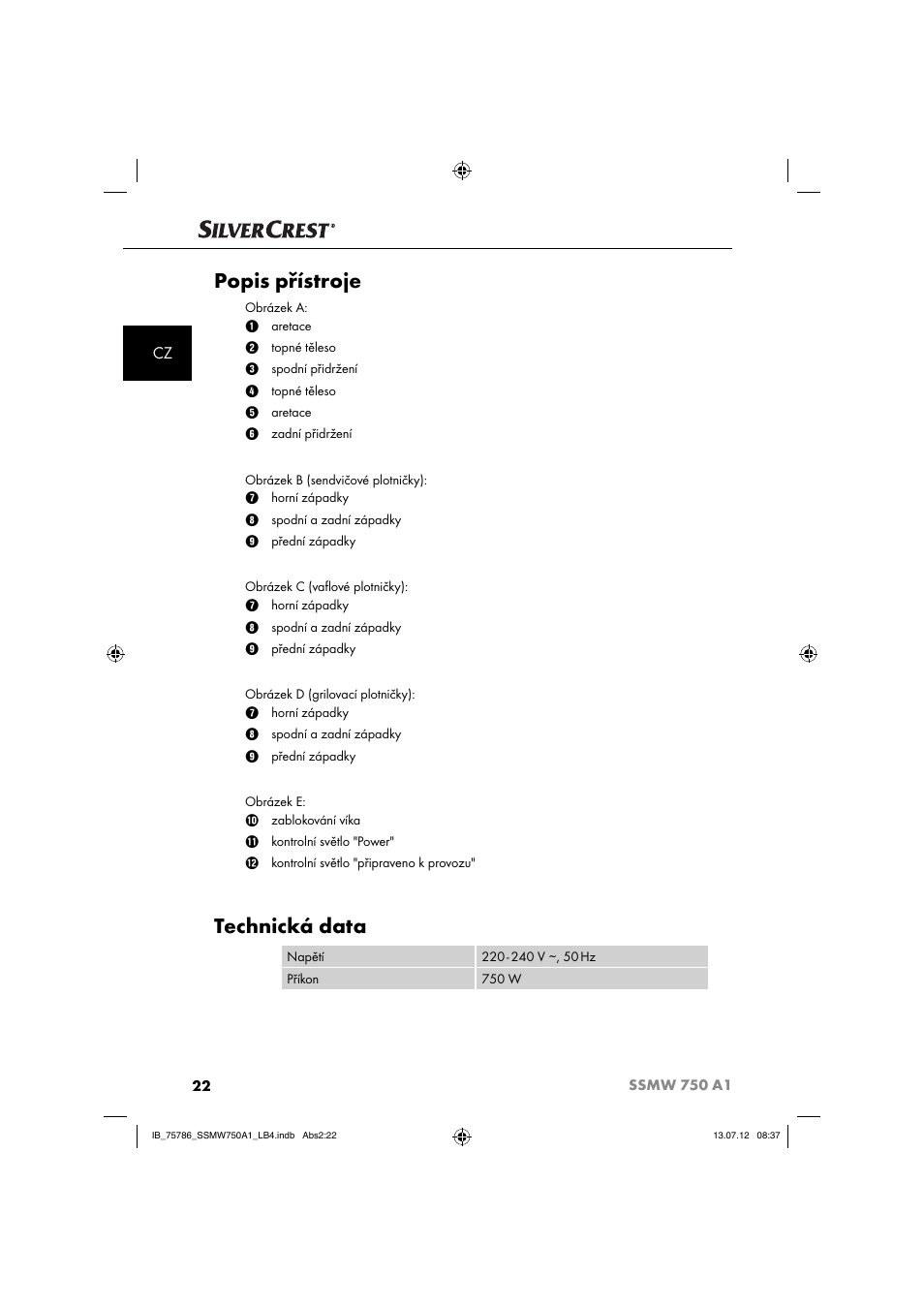 Popis přístroje, Technická data | Silvercrest SSMW 750 A1 User Manual | Page 24 / 56