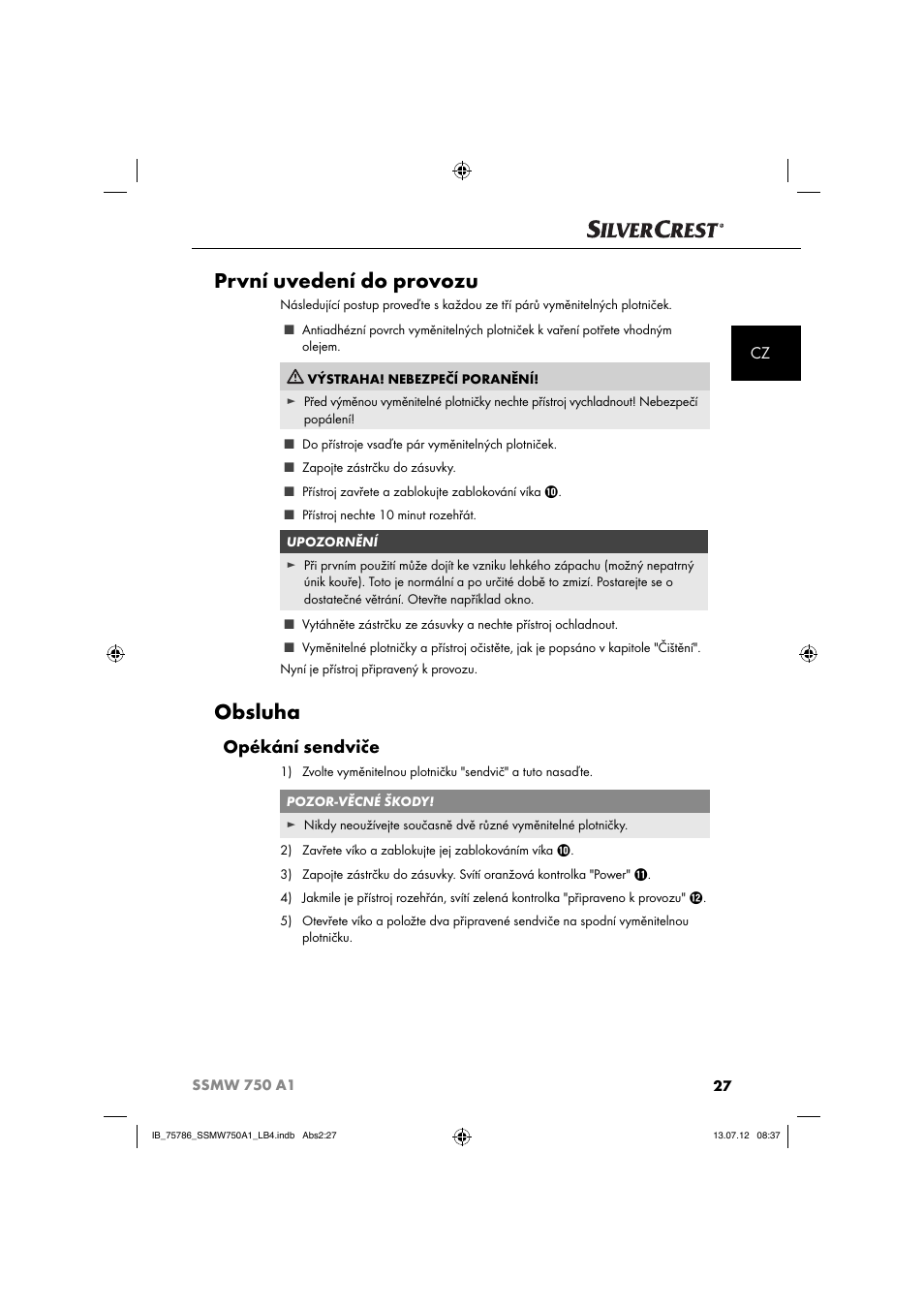 První uvedení do provozu, Obsluha, Opékání sendviče | Silvercrest SSMW 750 A1 User Manual | Page 29 / 56