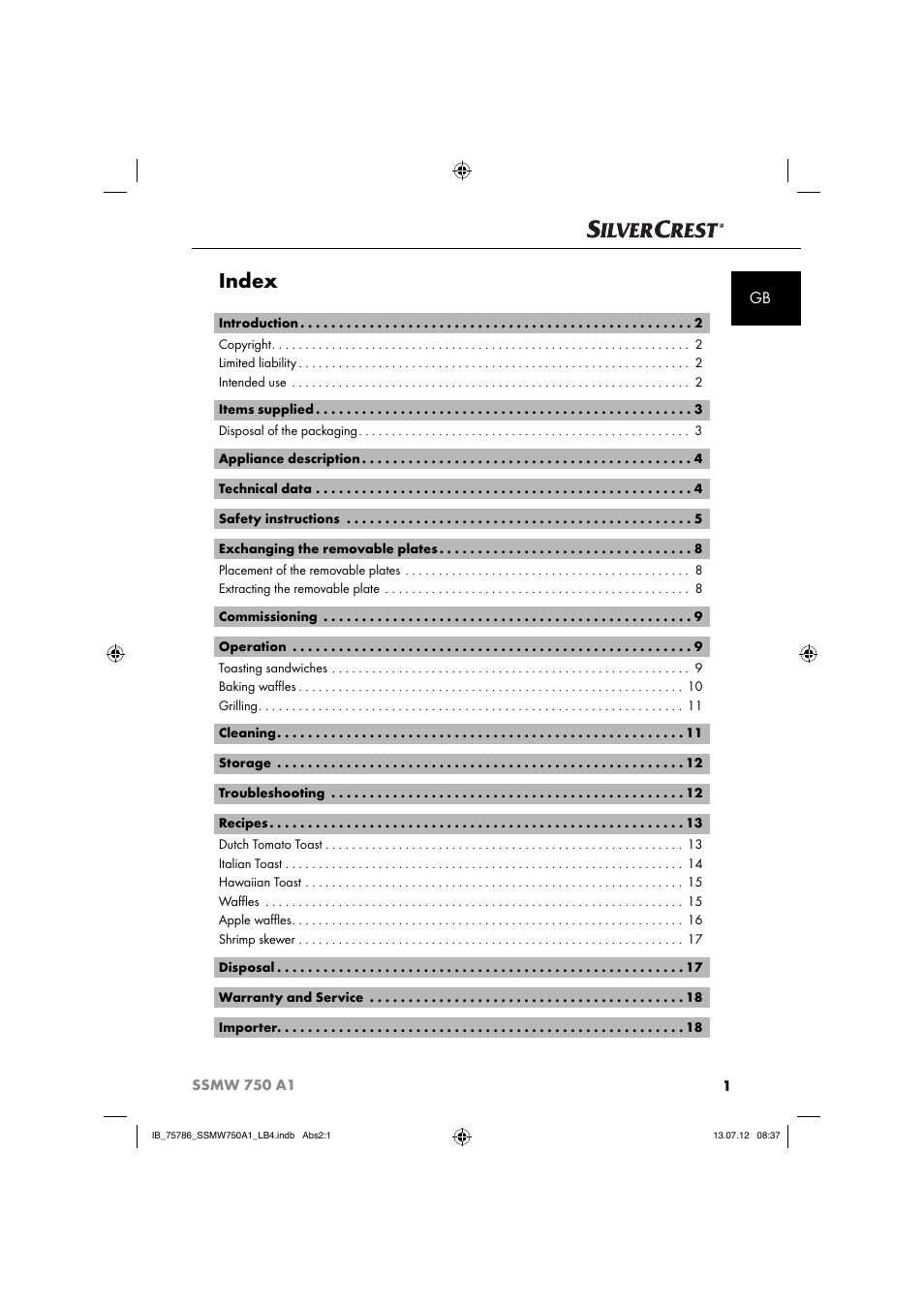 Index | Silvercrest SSMW 750 A1 User Manual | Page 3 / 56
