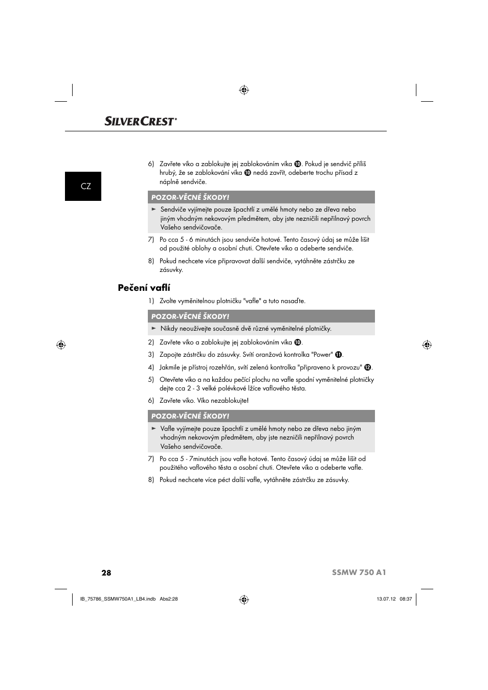 Pečení vaﬂ í | Silvercrest SSMW 750 A1 User Manual | Page 30 / 56