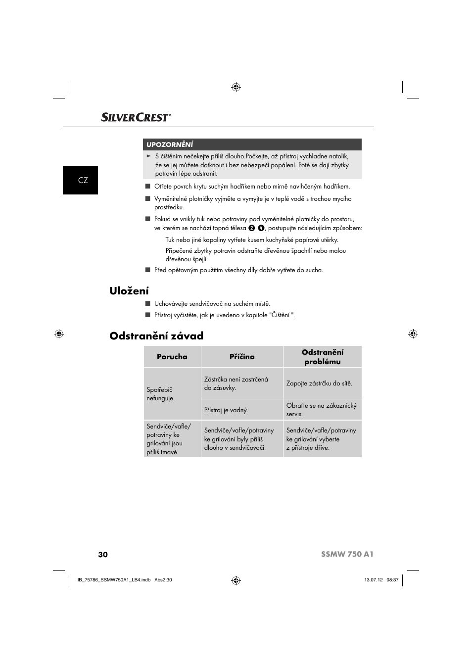Uložení, Odstranění závad | Silvercrest SSMW 750 A1 User Manual | Page 32 / 56