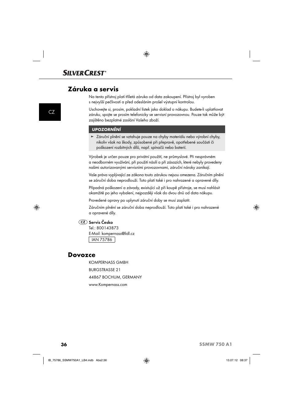 Záruka a servis, Dovozce | Silvercrest SSMW 750 A1 User Manual | Page 38 / 56