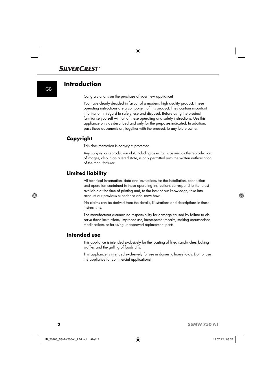 Introduction, Copyright, Limited liability | Intended use | Silvercrest SSMW 750 A1 User Manual | Page 4 / 56