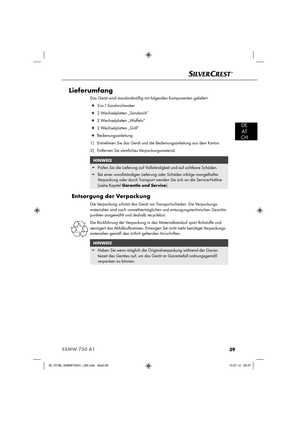 Lieferumfang, Entsorgung der verpackung, De at ch | Silvercrest SSMW 750 A1 User Manual | Page 41 / 56