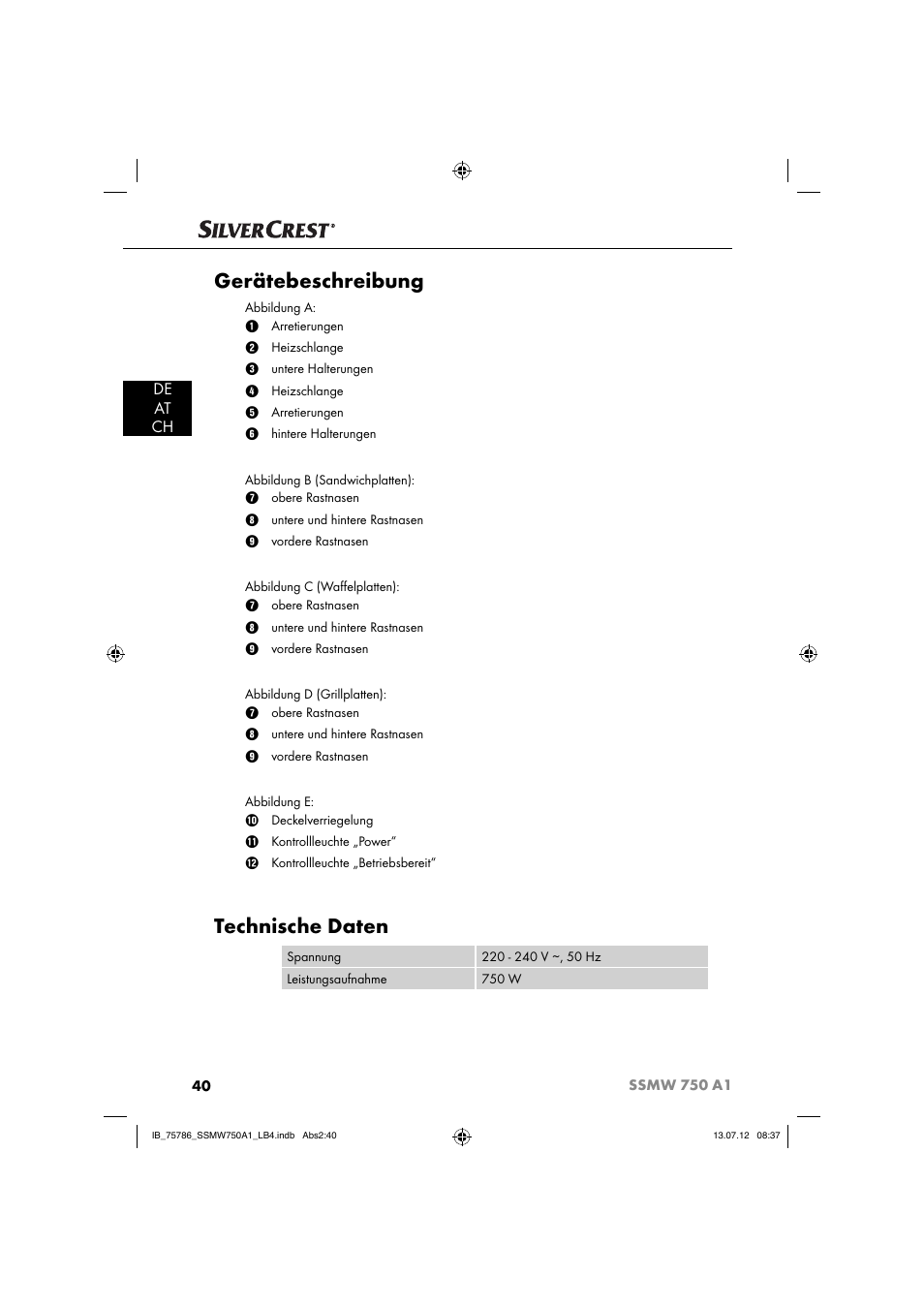 Gerätebeschreibung, Technische daten, De at ch | Silvercrest SSMW 750 A1 User Manual | Page 42 / 56