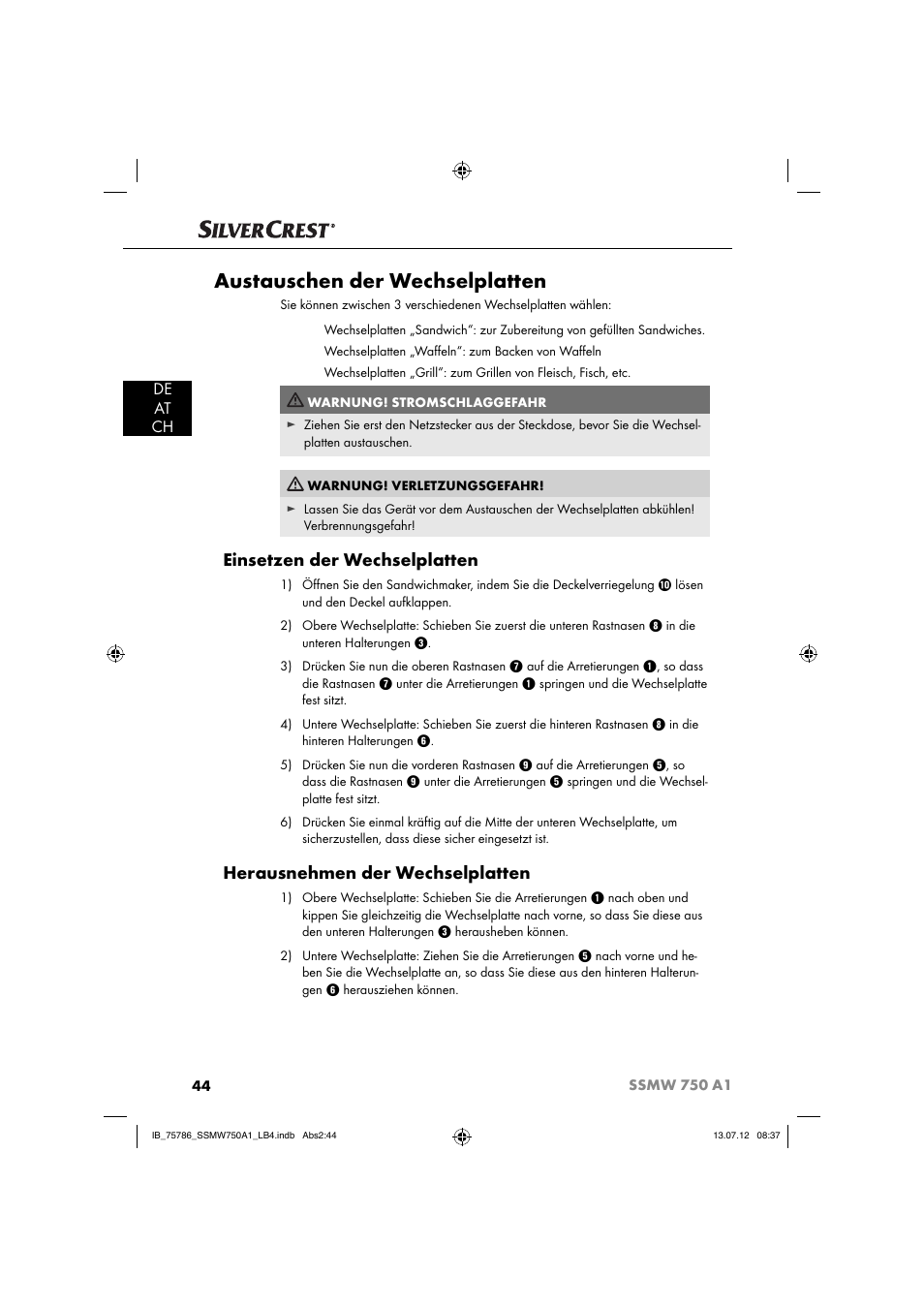 Austauschen der wechselplatten, Einsetzen der wechselplatten, Herausnehmen der wechselplatten | De at ch | Silvercrest SSMW 750 A1 User Manual | Page 46 / 56