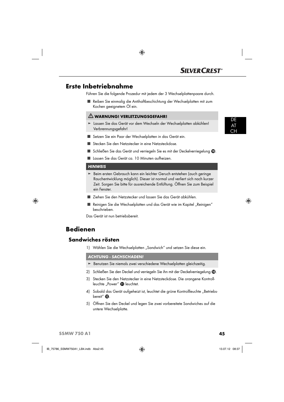 Erste inbetriebnahme, Bedienen, Sandwiches rösten | De at ch | Silvercrest SSMW 750 A1 User Manual | Page 47 / 56