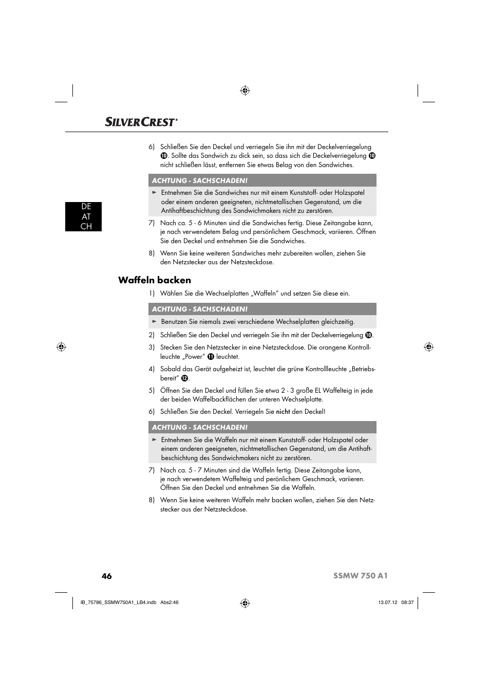 Waﬀ eln backen, De at ch | Silvercrest SSMW 750 A1 User Manual | Page 48 / 56