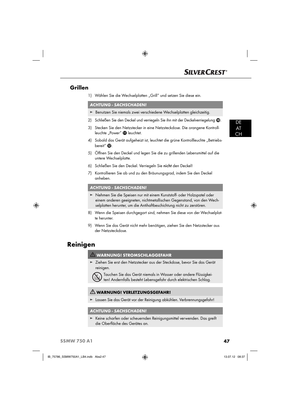 Reinigen, Grillen, De at ch | Silvercrest SSMW 750 A1 User Manual | Page 49 / 56