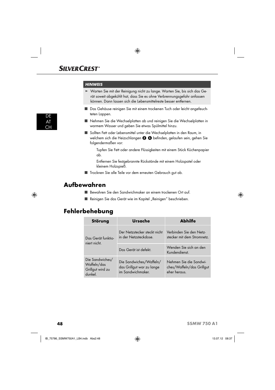 Aufbewahren, Fehlerbehebung, De at ch | Silvercrest SSMW 750 A1 User Manual | Page 50 / 56