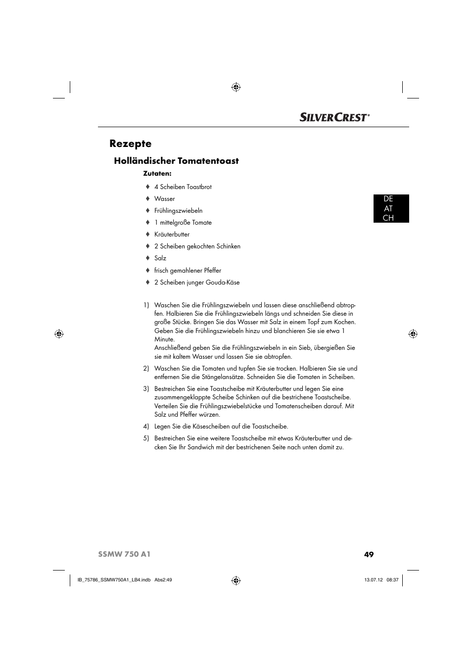 Rezepte, Holländischer tomatentoast, De at ch | Silvercrest SSMW 750 A1 User Manual | Page 51 / 56